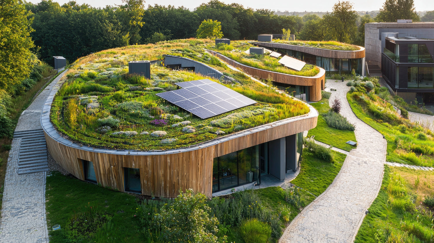 Futuristisches Haus mit einem Gründach als Beispiel für den DE Süd Fachbereich Gründach