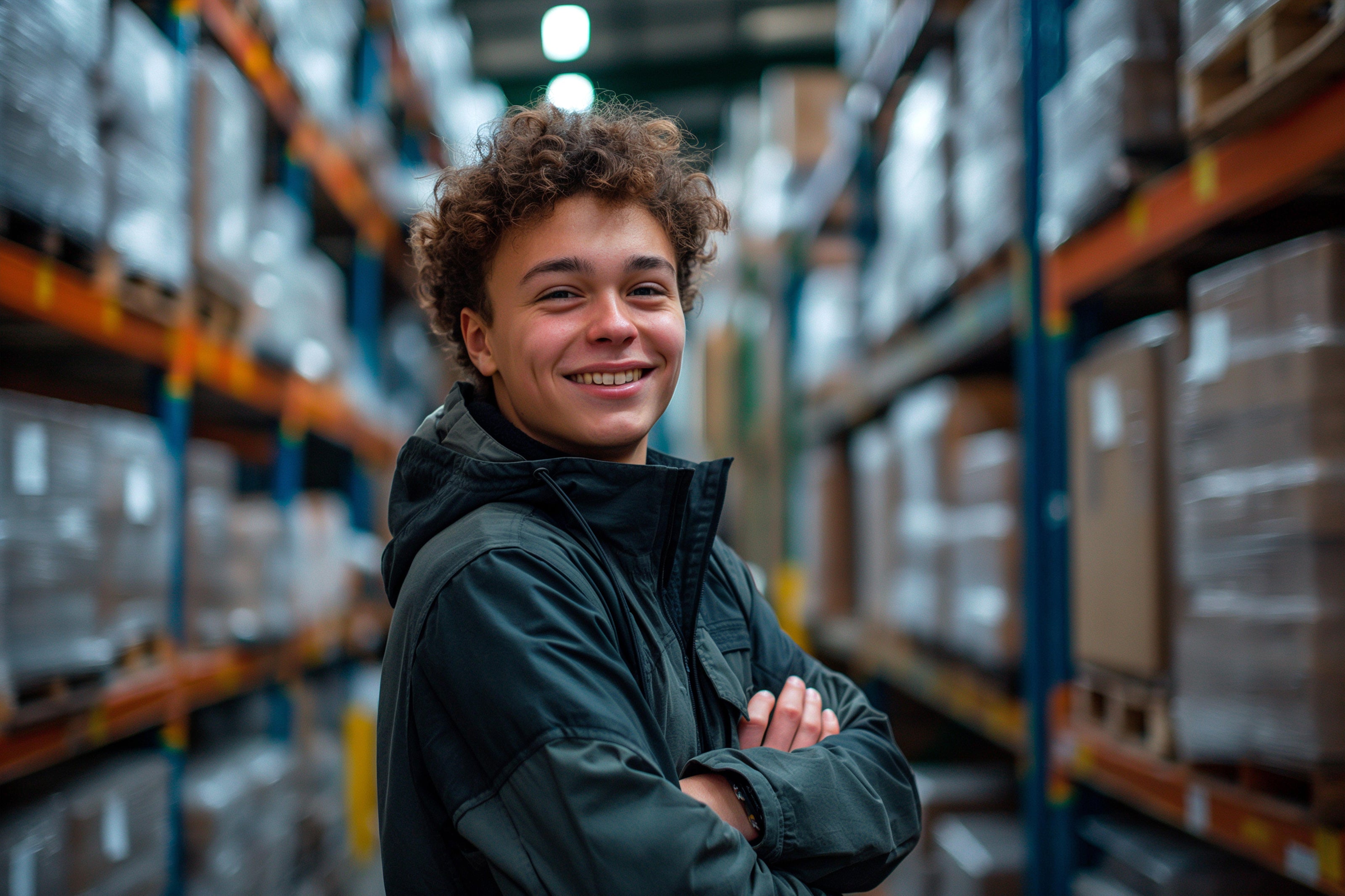 Junger Auszubildender im Lager zwischen Hochregalen als Symbol für die Ausbildung zum Fachlageristen.