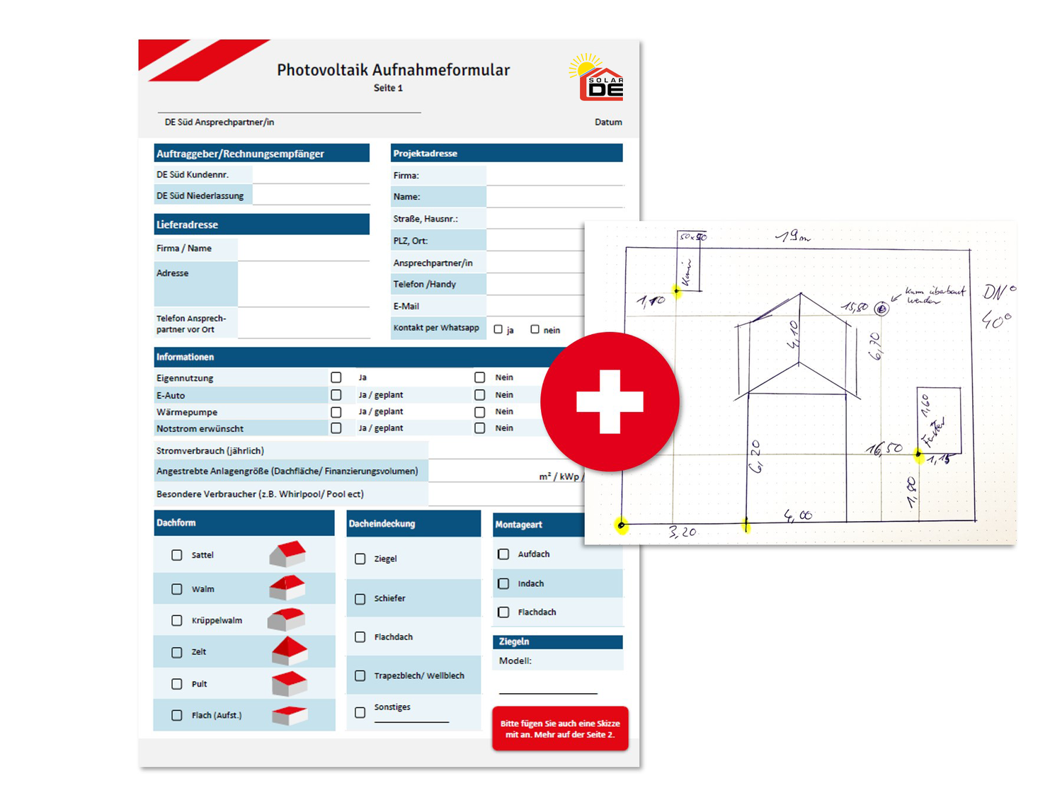 DE Süd Photovoltaik-Aufnahmeformular plus Skizze einer PV-Planung
