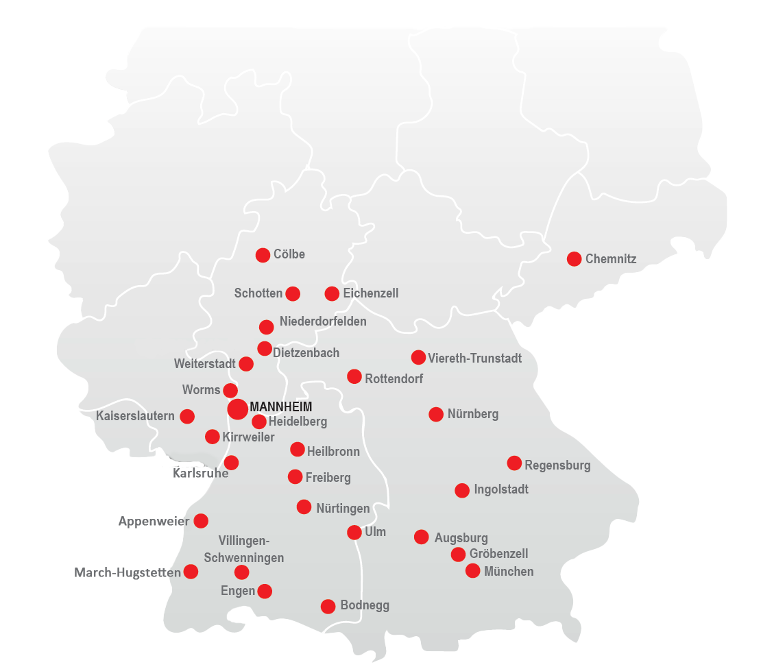 Standortkarte mit allen 30 DE Süd Niederlassungen in Süddeutschland