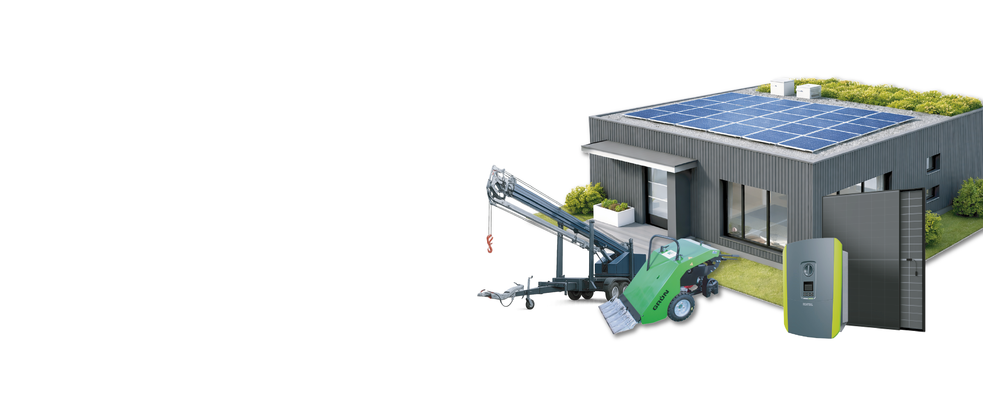 Modernes Gebäude mit Photovoltaikanlage auf dem Dach sowie Solarmodulen, Wechselrichter, Anhängekran und Dachschäler.