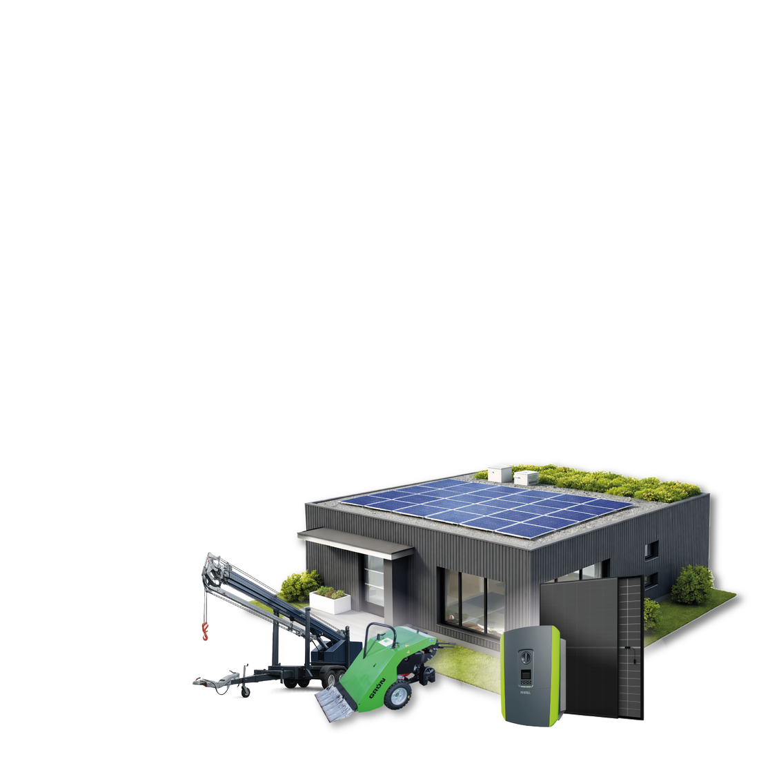 Modernes Gebäude mit Photovoltaikanlage auf dem Dach sowie Solarmodulen, Wechselrichter, Anhängekran und Dachschäler.